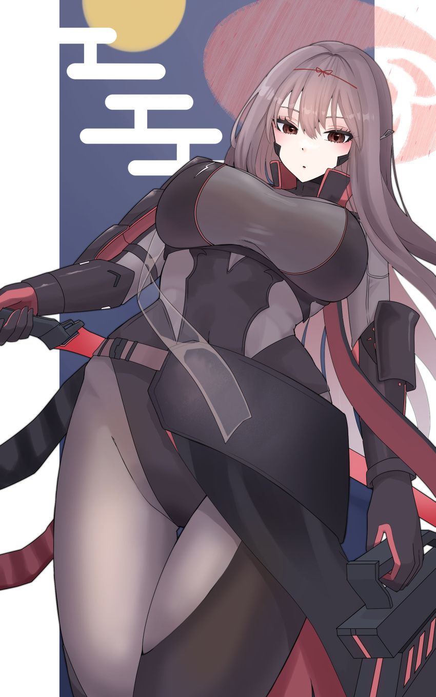 1girl absurdres arm_guards armor armored_bodysuit black_bodysuit bodysuit border brown_bodysuit goddess_of_victory:_nikke grey_bodysuit halo head-mounted_display highres japanese_armor red_halo scarlet_(black_shadow)_(nikke) scarlet_(nikke) side_cape solo two-tone_cape visor_(armor) white_border yuura_(yuura_ephyra)