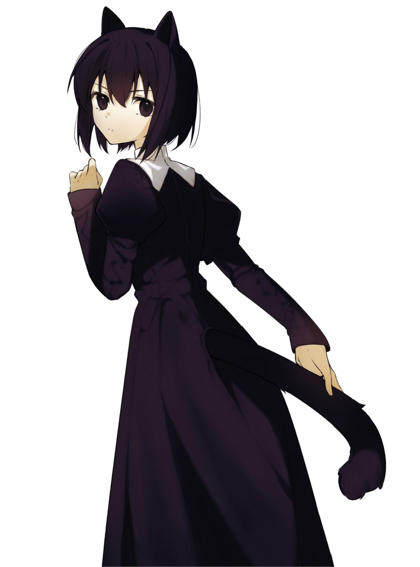 1girl animal_ears black_dress black_eyes black_hair bob_cut cat_ears cat_tail closed_mouth commentary commentary_request cowboy_shot dress fate/grand_order fate_(series) furrowed_brow hair_between_eyes hand_up highres holding_own_tail juliet_sleeves kuonji_alice long_dress long_sleeves looking_at_viewer looking_back mahou_tsukai_no_yoru nun puffy_sleeves reien_girl's_academy_school_uniform school_uniform shikkuro69 short_hair simple_background solo tail traditional_nun white_background