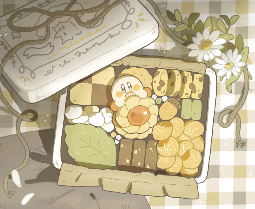 acorn blush_stickers bow box checkerboard_cookie chocolate_chip_cookie cookie creature daisy flower food food_focus harukui highres in_box in_container kirby kirby_(series) leaf looking_at_viewer open_mouth petals string white_flower wide_shot