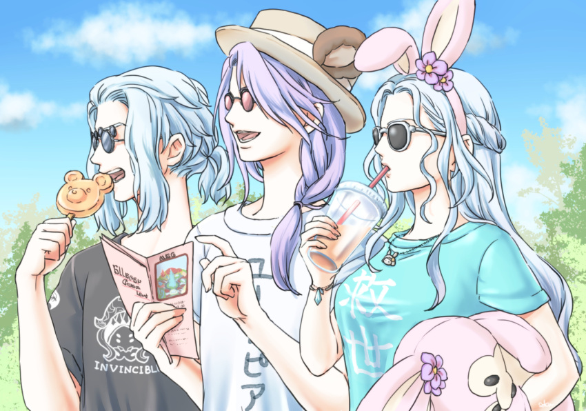 1girl 2boys alternate_costume animal_ear_hairband animal_ears black_shirt blue_shirt blue_sky bracelet braid brown_hat clouds covered_eyes cup day disposable_cup drinking drinking_straw drinking_straw_in_mouth eating emet-selch facing_ahead fake_animal_ears final_fantasy final_fantasy_xiv food hairband half_updo hat holding holding_cup holding_food holding_stuffed_toy hythlodaeus index_finger_raised jewelry long_hair multiple_boys open_mouth outdoors pamphlet pendant pink_hairband purple_hair rabbit_ear_hairband rabbit_ears round_eyewear saku_ff11 shirt short_ponytail short_sleeves single_braid sky stuffed_animal stuffed_rabbit stuffed_toy sunglasses top_hat upper_body venat_(ff14) wavy_hair white_hair white_shirt