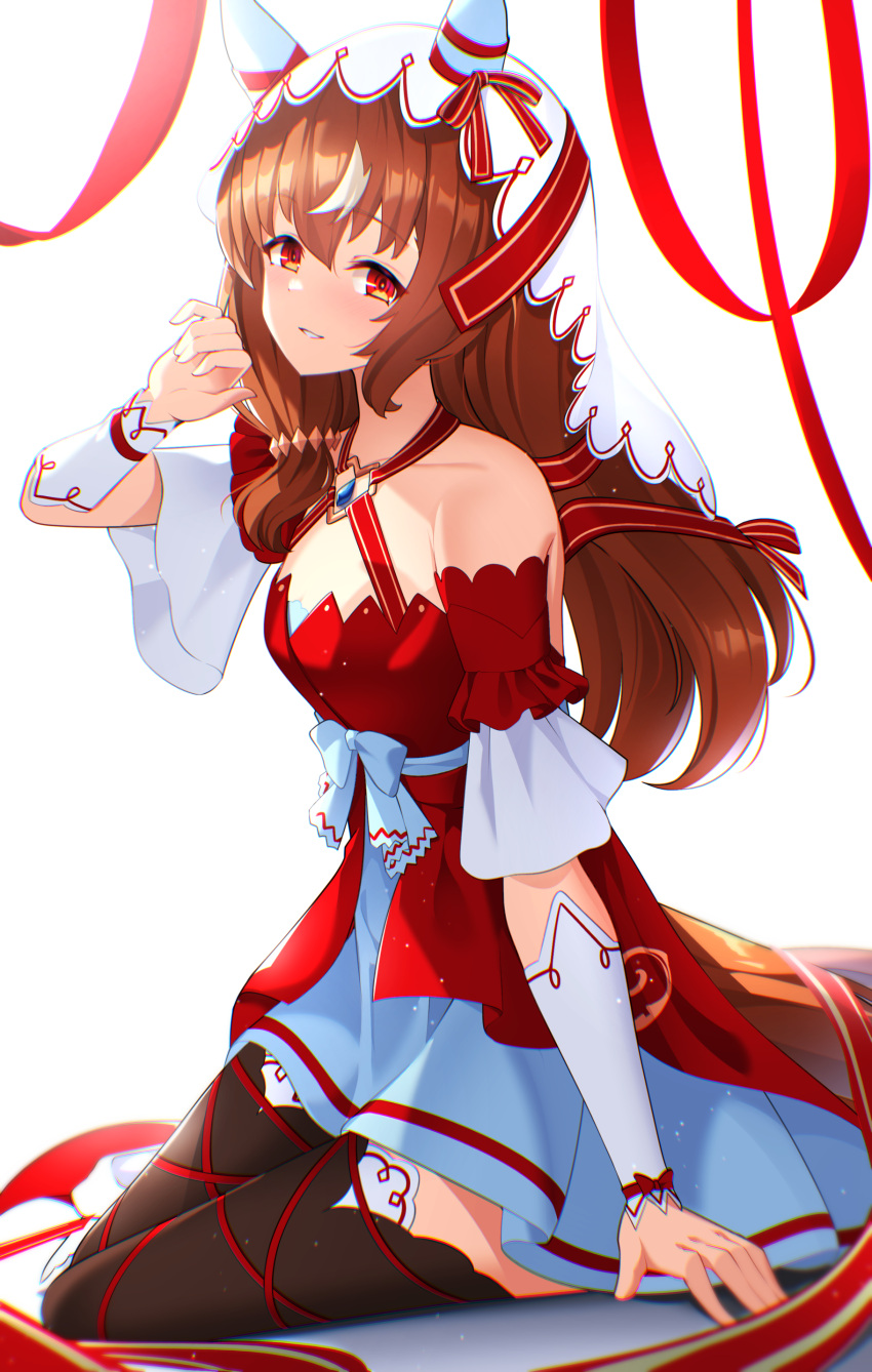 1girl absurdres animal_ears blush breasts brown_hair chest_jewel collarbone commentary_request detached_sleeves hair_between_eyes hair_ornament highres horse_ears horse_girl horse_tail looking_at_viewer open_mouth red_eyes ribbon small_breasts solo still_in_love_(umamusume) sunny_(20597521) tail thigh-highs umamusume veil