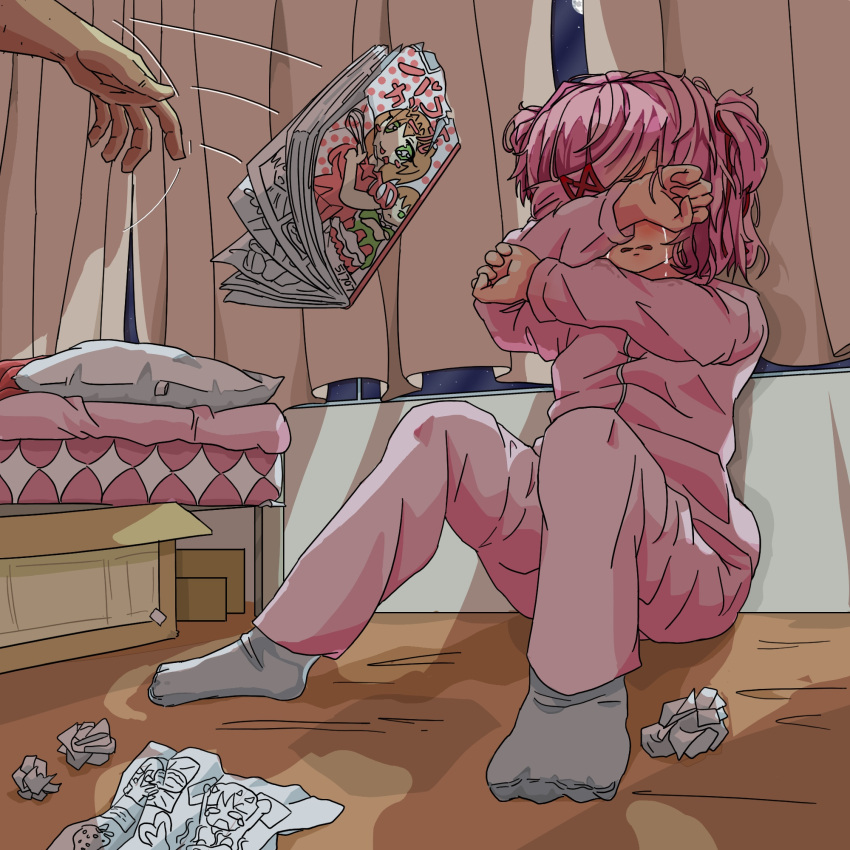 1boy 1girl 51707 abuse bad_id bed bedroom blocking blush bob_cut breasts clenched_hands commentary covering_face covering_own_eyes crumpled_paper crying curtains damaged doki_doki_literature_club english_commentary father_and_daughter foreshortening full_moon grey_socks hair_ornament hair_ribbon highres knees_up long_sleeves manga_(object) moon motion_lines natsuki_(doki_doki_literature_club) night night_sky on_floor pajamas pants paper parted_lips pillow pink_hair pink_pajamas pink_pants pink_shirt pov pov_hands red_ribbon ribbon sad shirt short_hair sitting sky small_breasts socks solo_focus star_(sky) streaming_tears swept_bangs tears textless_version throwing torn translated two_side_up unhappy window wooden_floor x_hair_ornament