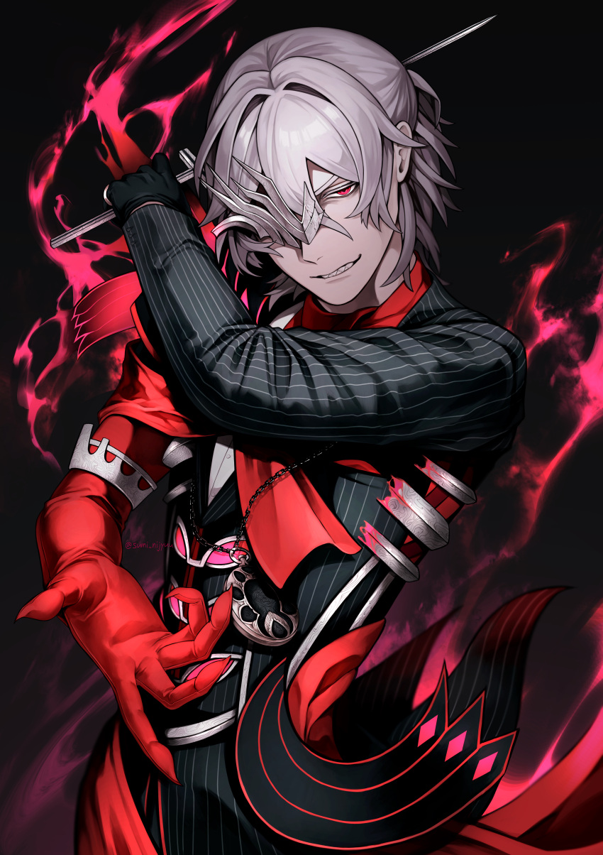 1boy absurdres antonio_salieri_(fate) antonio_salieri_(second_ascension)_(fate) ascot black_gloves black_suit fate/grand_order fate_(series) fire formal gloves grey_hair hair_between_eyes half_mask half_updo highres holding long_sleeves looking_at_viewer male_focus mask medallion pants pinstripe_jacket pinstripe_pants pinstripe_pattern pinstripe_suit red_ascot red_eyes short_hair smile solo striped_suit suit sumi_(gfgf_045) weapon white_hair