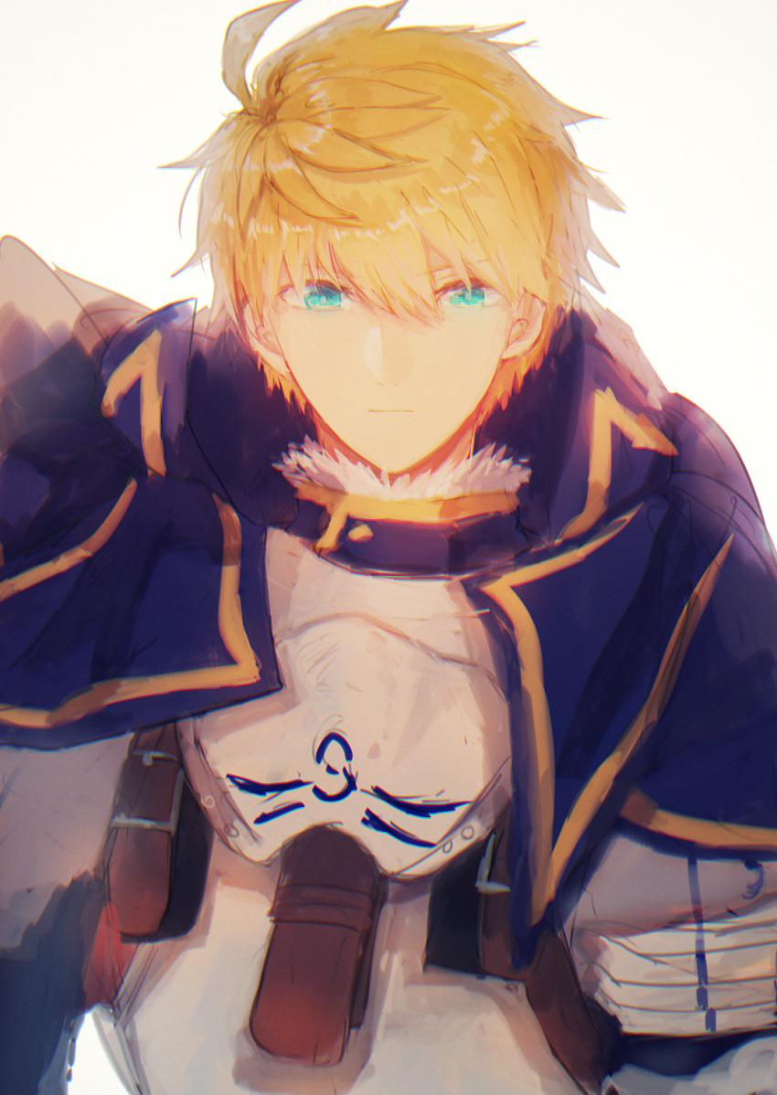 1boy aqua_eyes armor arthur_pendragon_(fate) blonde_hair blue_cape breastplate cape closed_mouth ebi_(6_5) fate/grand_order fate_(series) highres looking_at_viewer male_focus serious short_hair simple_background solo upper_body white_background