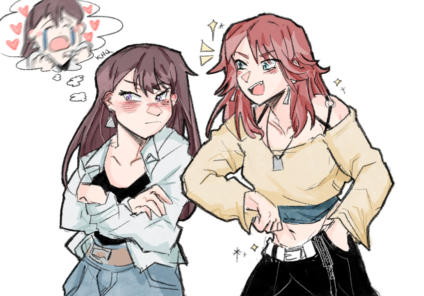 2girls artist_name bang_dream! bang_dream!_it's_mygo!!!!! black_shirt blue_eyes blush closed_mouth collarbone commentary crop_top crossed_arms earrings english_commentary fang highres jacket jewelry kyoukenhq medium_hair midriff mole mole_under_eye multiple_girls open_mouth redhead shiina_taki shirt simple_background sparkle udagawa_tomoe violet_eyes white_background white_jacket yellow_shirt