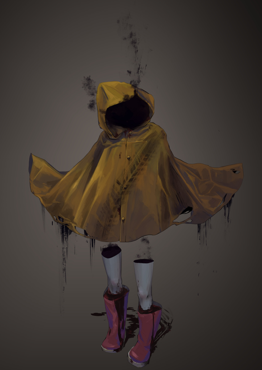 1girl absurdres blood boots buttons full_body ghost grey_background highres hood hood_up horror_(theme) invisible original purple_footwear raincoat rubber_boots skid_mark smoke solo standing syourinusk thigh-highs white_thighhighs yellow_raincoat