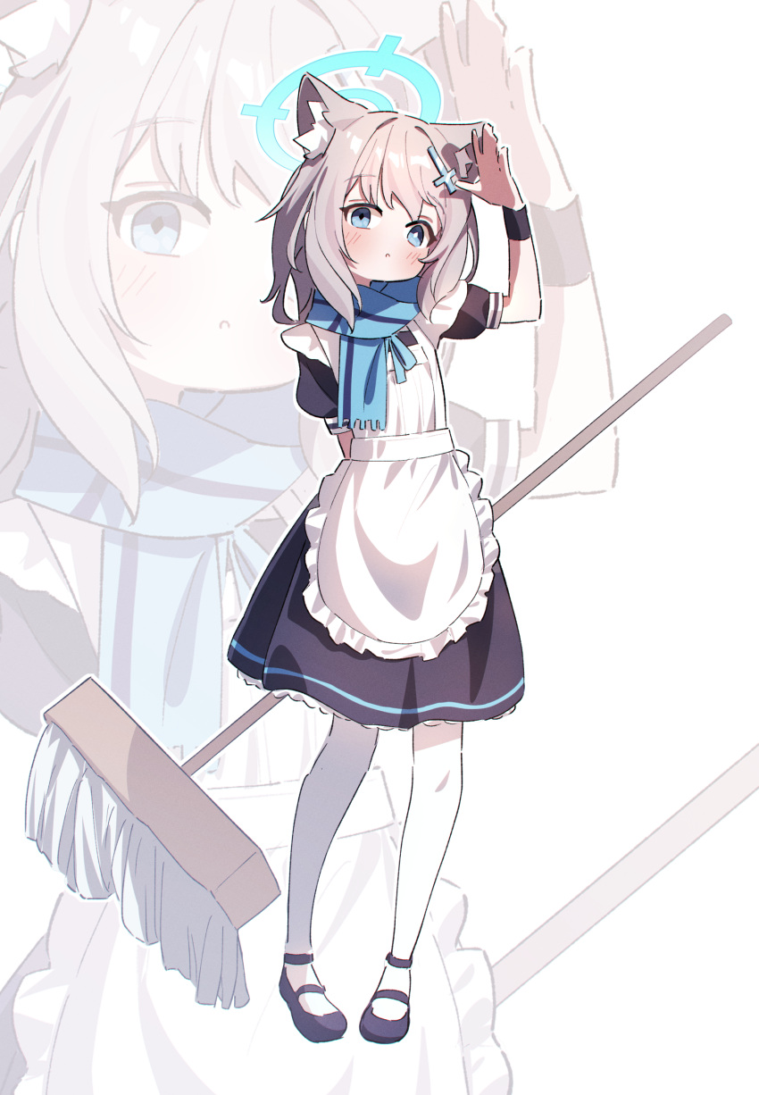 1girl alternate_costume animal_ears apron black_dress black_footwear blue_archive blue_eyes blue_halo blue_scarf blush cross_hair_ornament dress enmaided full_body grey_hair hair_ornament halo highres looking_at_viewer maid maid_apron medium_hair mismatched_pupils mop pantyhose parted_lips puffy_short_sleeves puffy_sleeves rizuaki scarf shiroko_(blue_archive) shoes short_sleeves solo white_apron white_pantyhose wolf_ears zoom_layer