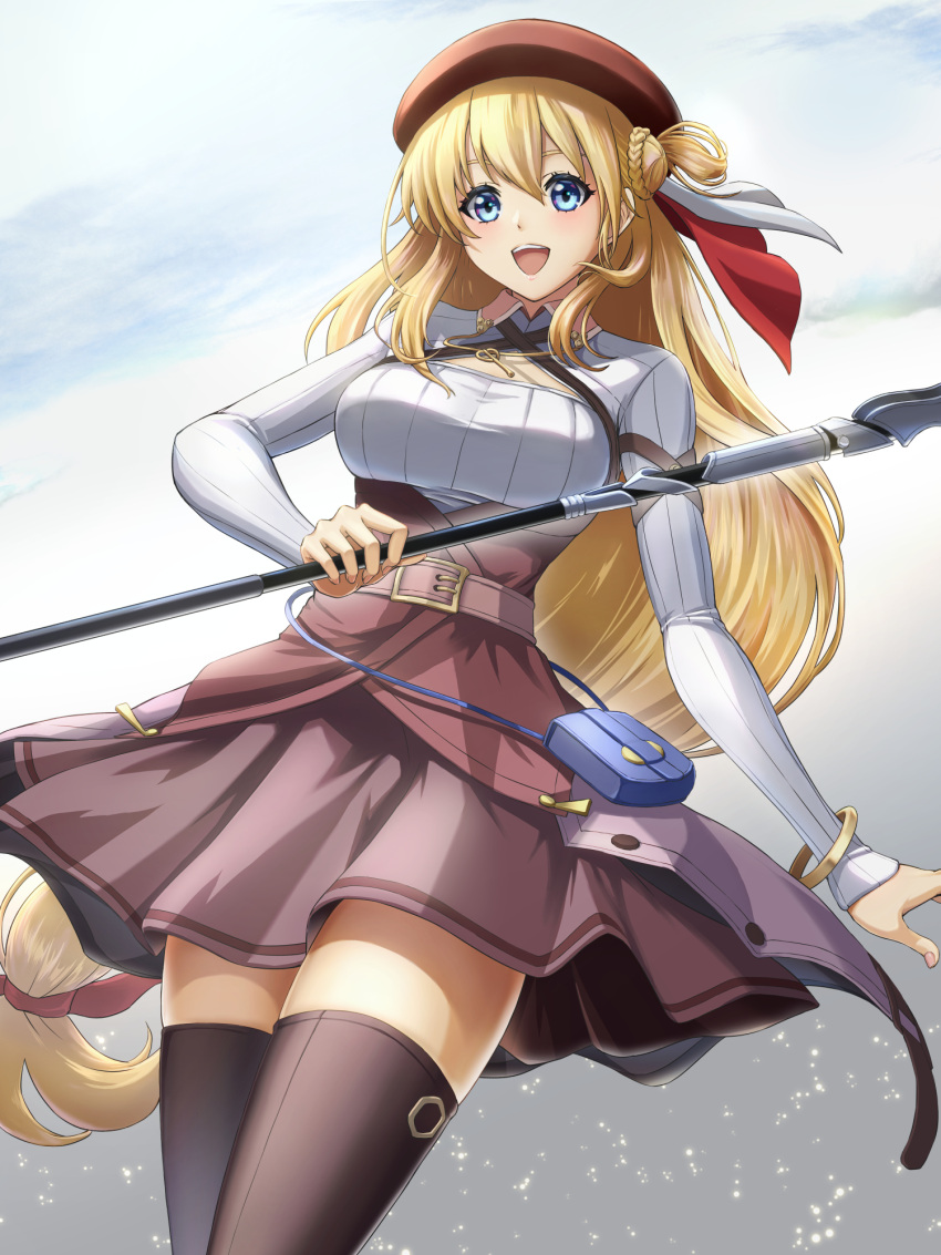 1girl agnes_claudel bag beret blonde_hair blue_eyes bracelet braid braided_bun breasts chiga_akira cleavage_cutout clothing_cutout double-parted_bangs eiyuu_densetsu floating_hair hair_between_eyes hair_bun handbag hat highres holding holding_staff holding_weapon jewelry kuro_no_kiseki large_breasts low_ponytail mage_staff open_mouth simple_background single_hair_bun skirt smile solo sparkle staff thigh-highs weapon
