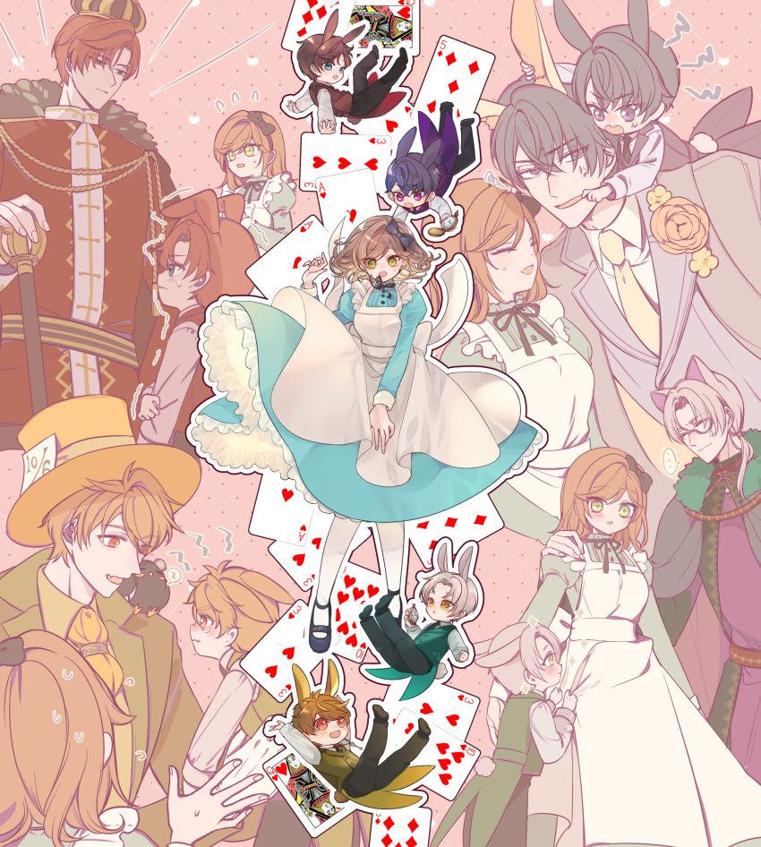 1girl 4boys anger_vein animal_ears apron aqua_dress artem_wing_(tears_of_themis) black_pants blue_eyes brown_eyes brown_hair card coto_notte dress dual_persona formal full_body green_eyes green_vest grey_hair highres long_hair long_sleeves looking_at_viewer luke_pearce_(tears_of_themis) marius_von_hagen_(tears_of_themis) multiple_boys necktie open_mouth pants pink_background playing_card puffy_long_sleeves puffy_sleeves purple_hair purple_vest rabbit_ears red_vest rosa_(tears_of_themis) shirt short_hair tears_of_themis thigh-highs vest violet_eyes vyn_richter_(tears_of_themis) white_apron white_shirt white_thighhighs yellow_eyes yellow_necktie yellow_vest