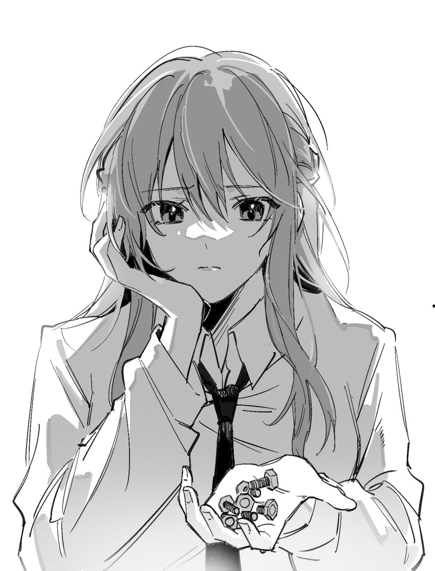 1girl artist_request bolt braid closed_mouth collared_shirt commentary_request commission french_braid grey_hair hand_on_own_chin highres holding looking_at_viewer monochrome necktie school_uniform second-party_source sendai_hazuki shirt shuuniichido_classmate_wo_kau_hanashi solo upper_body