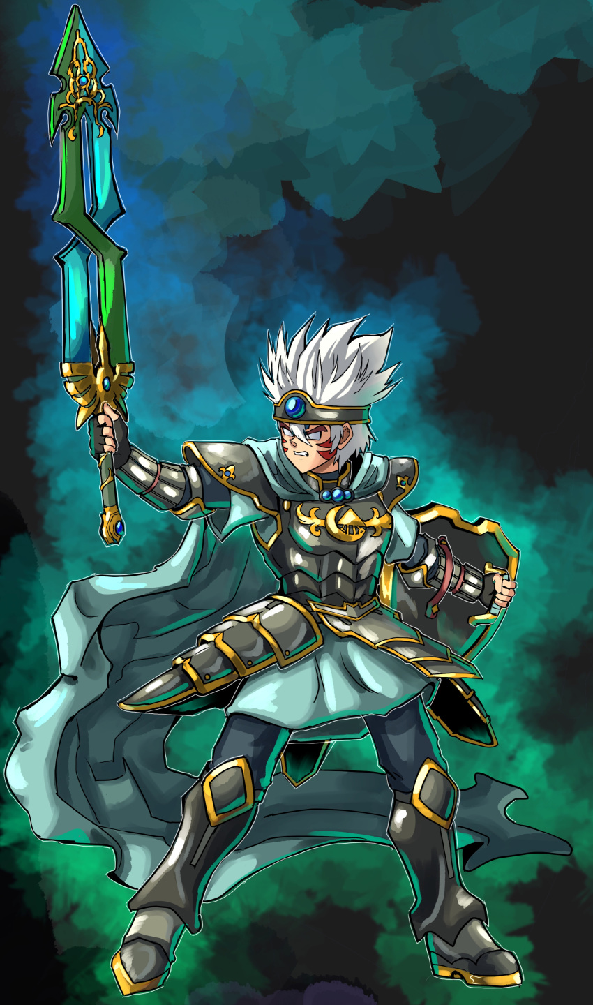 absurdres alternate_color alternate_costume alternate_weapon angry armor arms_up aura blue_gemstone boots cape chest_jewel clenched_teeth corruption crescent crossover dark_persona double_helix dragon_quest dragon_quest_iii fierce_deity fingerless_gloves frown gem gloves hero_(dq3) highres holding holding_shield holding_sword holding_weapon looking_to_the_side nintendo no_pupils pauldrons possessed shield short_hair shoulder_armor spiked_shield spikes square_enix standing stoic_seraphim super_smash_bros. sword teeth the_legend_of_zelda the_legend_of_zelda:_majora's_mask triangle weapon white_eyes white_hair wrist_guards