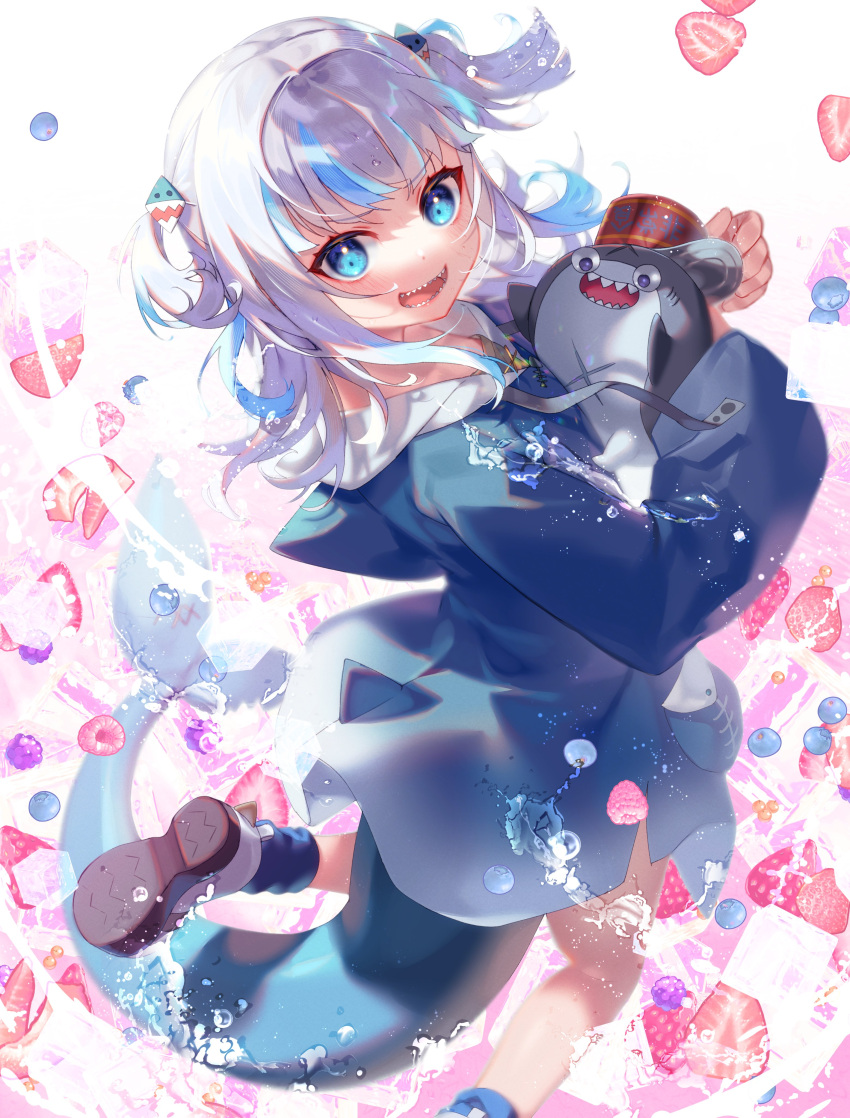 1girl absurdres anywhere_knock bloop_(gawr_gura) blue_eyes blue_hair blue_hoodie blue_socks fins fish_tail food fruit gawr_gura gawr_gura_(1st_costume) grey_hair highres hololive hololive_english hood hoodie looking_at_viewer medium_hair multicolored_hair open_mouth shark_girl shark_tail sharp_teeth shoes smile sneakers socks strawberry streaked_hair tail teeth two_side_up upper_teeth_only virtual_youtuber white_footwear