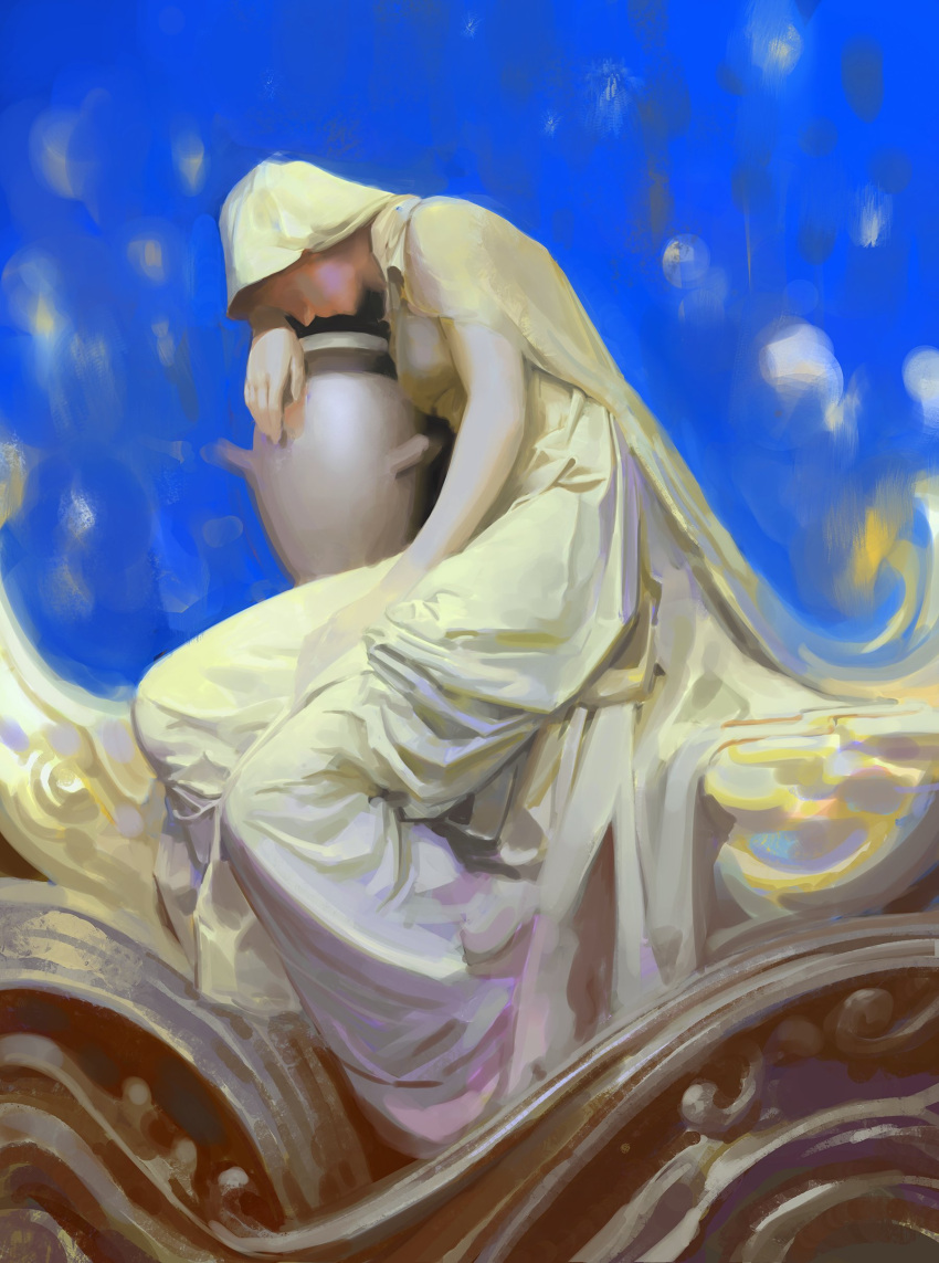 1girl absurdres against_object art_study blue_background breasts commentary dress english_commentary faux_traditional_media filigree from_side gloves highres hood hood_up original realistic robe shaded_face sitting sketch solo sunlight veil white_dress white_gloves white_robe yuming_li