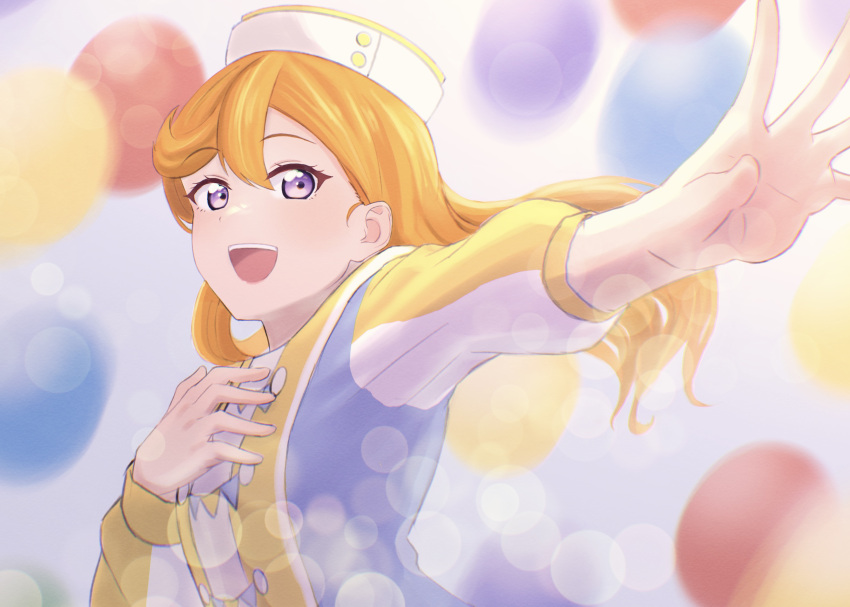 1girl balloon commentary costume_request gomadare4869 hair_flowing_over highres long_hair long_sleeves looking_at_viewer love_live! love_live!_superstar!! multicolored_clothes open_mouth orange_hair outstretched_arm shibuya_kanon solo symbol-only_commentary upper_body violet_eyes white_hat