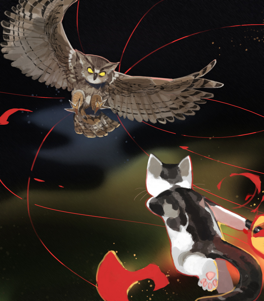 animal animal_focus battle bird blurry blurry_background cat commentary gentlecat highres kimetsu_no_yaiba looking_at_another no_humans original owl parody photo-referenced realistic romaji_commentary yellow_eyes