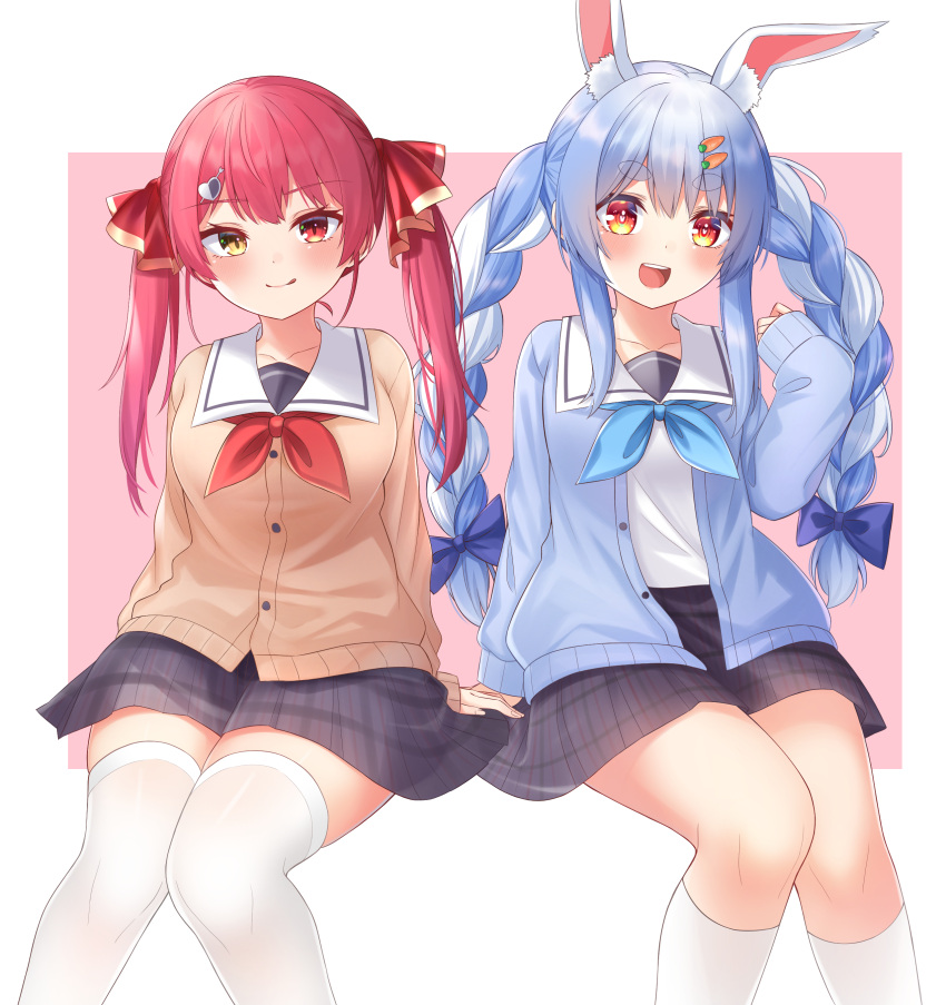 2girls :d :q absurdres alternate_costume animal_ear_fluff animal_ears black_skirt blue_bow blue_cardigan blue_hair blue_neckerchief bow braid brown_cardigan cardigan carrot_hair_ornament collarbone dot_nose food-themed_hair_ornament hair_between_eyes hair_bow hair_ornament hair_ribbon hand_up heart heart_hair_ornament heterochromia highres hololive hoshino_reiji houshou_marine invisible_chair kneehighs light_blush long_hair looking_at_viewer multicolored_hair multiple_girls neckerchief open_cardigan open_clothes orange_eyes outside_border pink_background plaid plaid_skirt rabbit_ears rabbit_girl red_eyes red_neckerchief red_ribbon redhead ribbon sailor_collar shirt sidelocks simple_background sitting skirt slit_pupils smile socks streaked_hair support teeth thick_eyebrows thigh-highs tongue tongue_out twin_braids twintails two-tone_background upper_teeth_only usada_pekora virtual_youtuber white_background white_sailor_collar white_shirt white_socks white_thighhighs yellow_eyes