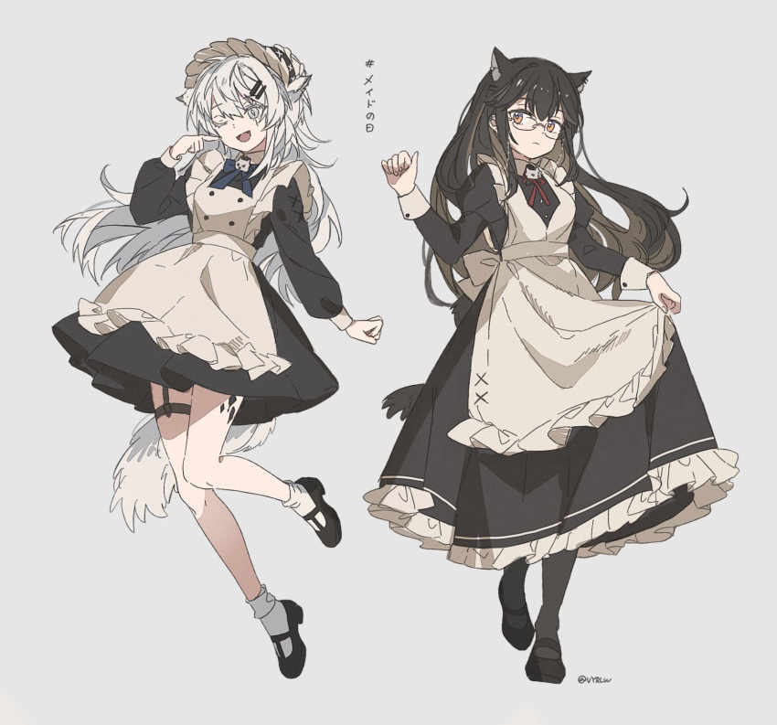 2girls :d alternate_costume apron arknights bespectacled black_dress black_footwear black_hair black_pantyhose closed_mouth dress enmaided finger_to_mouth foot_up frilled_apron frills frown glasses hair_between_eyes highres juliet_sleeves knees_together_feet_apart lappland_(arknights) long_dress long_hair long_sleeves looking_at_viewer maid maid_day maid_headdress multiple_girls one_eye_covered open_mouth orange_eyes pantyhose petticoat puffy_sleeves seri_(vyrlw) shoes short_dress sidelocks smile socks straight_hair texas_(arknights) thigh_strap white_apron white_socks