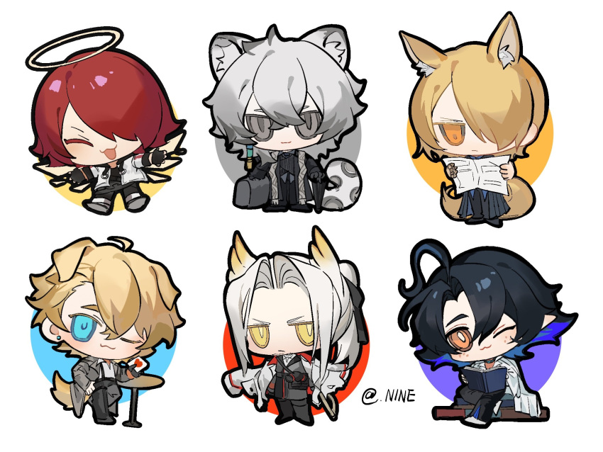 1girl 4boys :3 ahoge animal_ear_fluff animal_ears arknights artist_name black_coat black_hair black_pants blonde_hair blue_eyes blue_hair book brown_eyes card chibi chinese_commentary closed_eyes closed_mouth coat colored_eyelashes colored_inner_hair colored_tips commentary_request dog_boy dog_ears dog_tail exusiai_(arknights) freckles full_body grey_coat grey_eyes grey_hair hair_over_one_eye halo head_wings hellagur_(arknights) hellagur_(octopath_illusion)_(arknights) highres holding holding_book holding_newspaper holding_umbrella horse_boy horse_ears horse_tail jacket long_hair long_sleeves looking_at_viewer lumen_(arknights) lumen_(golden_dream)_(arknights) mlynar_(arknights) multicolored_hair multiple_boys newspaper nine5895254196 one_eye_closed open_mouth pants playing_card redhead short_hair silverash_(arknights) silverash_(york's_bise)_(arknights) simple_background smile snow_leopard_boy snow_leopard_ears snow_leopard_tail table tail tequila_(arknights) tequila_(cardwinner)_(arknights) twitter_username umbrella white_background white_coat white_hair white_jacket wings yellow_eyes