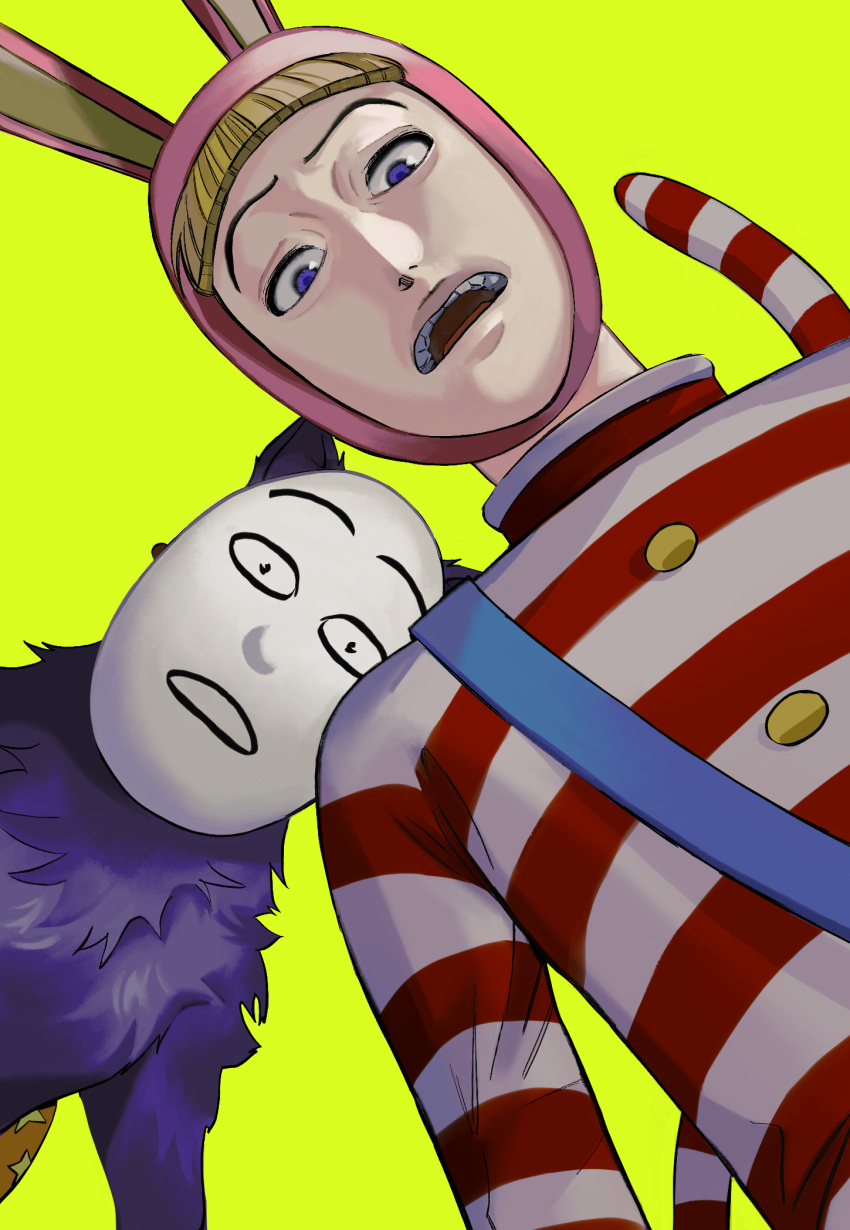 2boys animal_hat blonde_hair blunt_bangs bodysuit dutch_angle from_below frown furry furry_male green_background hat highres kedamono_(popee_the_performer) looking_at_viewer looking_down male_focus mask multiple_boys open_mouth popee_(popee_the_performer) popee_the_performer purple_fur rabbit_hat red_bodysuit short_hair shoulder_strap simple_background striped_bodysuit tada_(anuanu134) violet_eyes wolf_boy