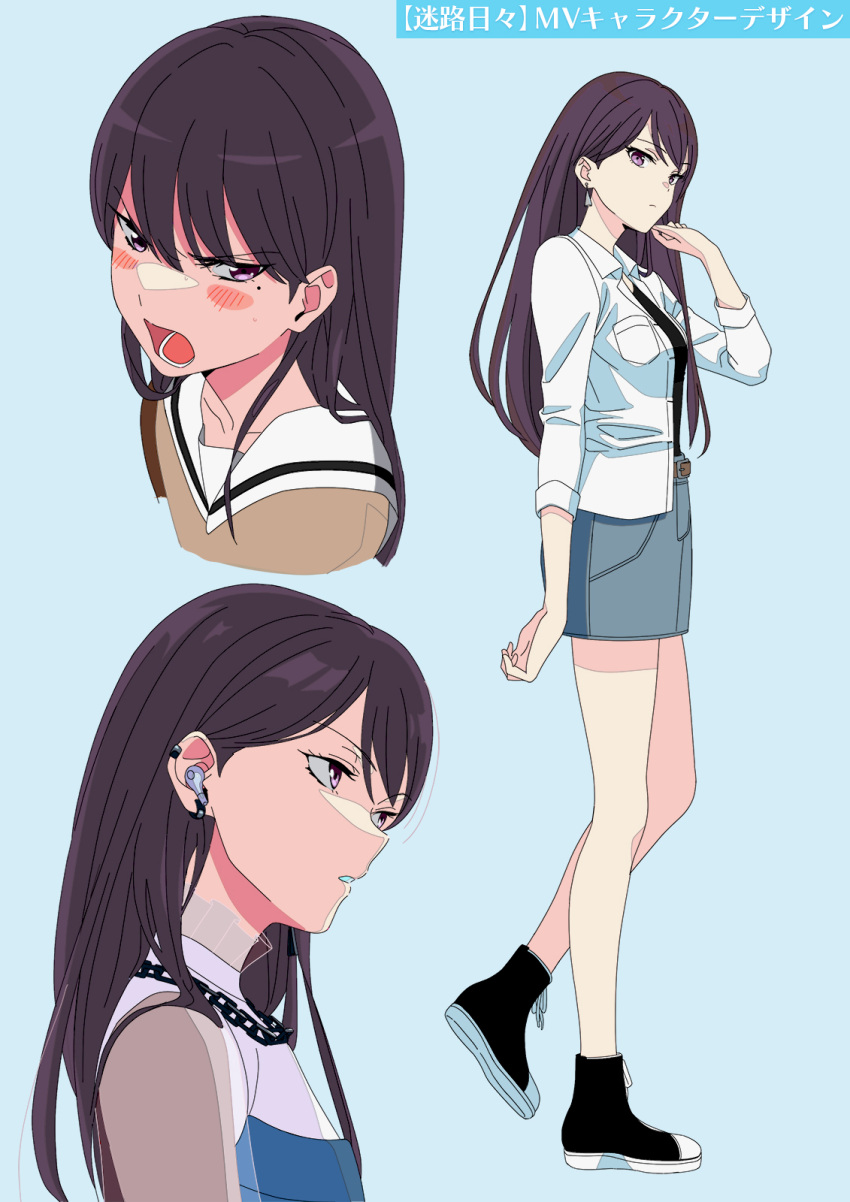 1girl bang_dream! bang_dream!_it's_mygo!!!!! black_footwear black_shirt blue_background blue_skirt blush brown_dress brown_hair chain_necklace closed_mouth commentary_request dress earclip hanasakigawa_school_uniform highres jewelry long_hair looking_at_viewer mole mole_under_eye multiple_views nagayama_momo necklace open_mouth parted_lips sailor_collar school_uniform see-through see-through_sleeves shiina_taki shirt shoes shouting simple_background skirt sneakers violet_eyes white_sailor_collar white_shirt wireless_earphones