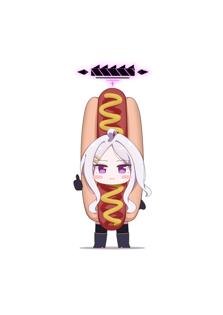 1girl :i absurdres ahoge black_gloves black_halo blue_archive blush_stickers chibi commentary english_commentary gloves halo highres hina_(blue_archive) hot_dog_costume long_hair looking_at_viewer looking_back parted_bangs sidelocks simple_background solo straight-on stryx thumbs_up violet_eyes white_background white_hair