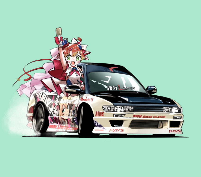 1girl blush bow car dress drifting freyja_wion gloves green_background green_eyes hair_bow hair_ornament heart heart_hair_ornament highres hikageno holding holding_microphone itasha looking_at_viewer macross macross_delta microphone motor_vehicle nissan_s13_silvia nissan_silvia open_mouth red_gloves shadow simple_background sitting solo v-shaped_eyebrows web_address white_background white_dress