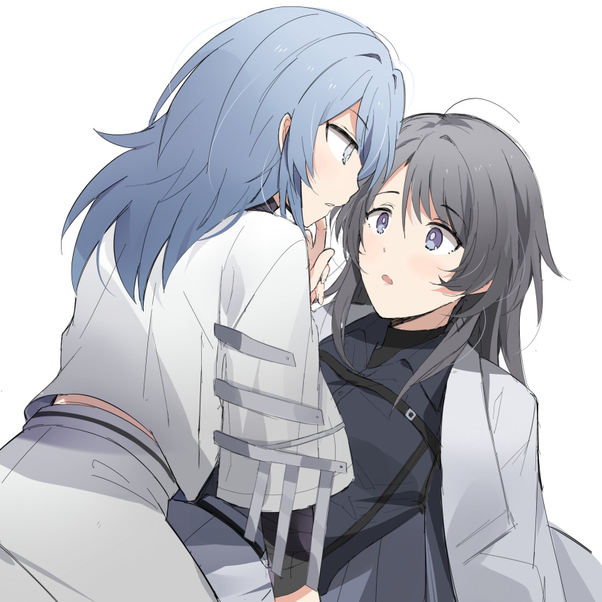 2girls absurdres black_shirt blue_hair blush bright_pupils chest_strap chief_(path_to_nowhere) coat coat_on_shoulders collared_shirt eye_contact female_chief_(path_to_nowhere) grey_coat grey_eyes grey_hair hecate_(path_to_nowhere) highres layered_sleeves long_hair long_sleeves looking_at_another multiple_girls parted_lips path_to_nowhere sappazell shirt short_over_long_sleeves short_sleeves simple_background skirt straddling violet_eyes white_background white_pupils white_shirt white_skirt yuri