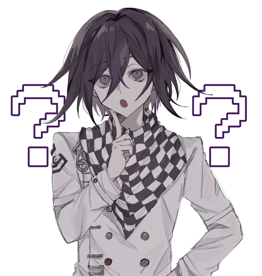 1boy :o ? ?? black_hair buttons checkered_clothes checkered_scarf danganronpa_(series) danganronpa_v3:_killing_harmony double-breasted grey_jacket hair_between_eyes highres hlt_in index_finger_raised jacket long_sleeves medium_hair oma_kokichi scarf simple_background solo upper_body