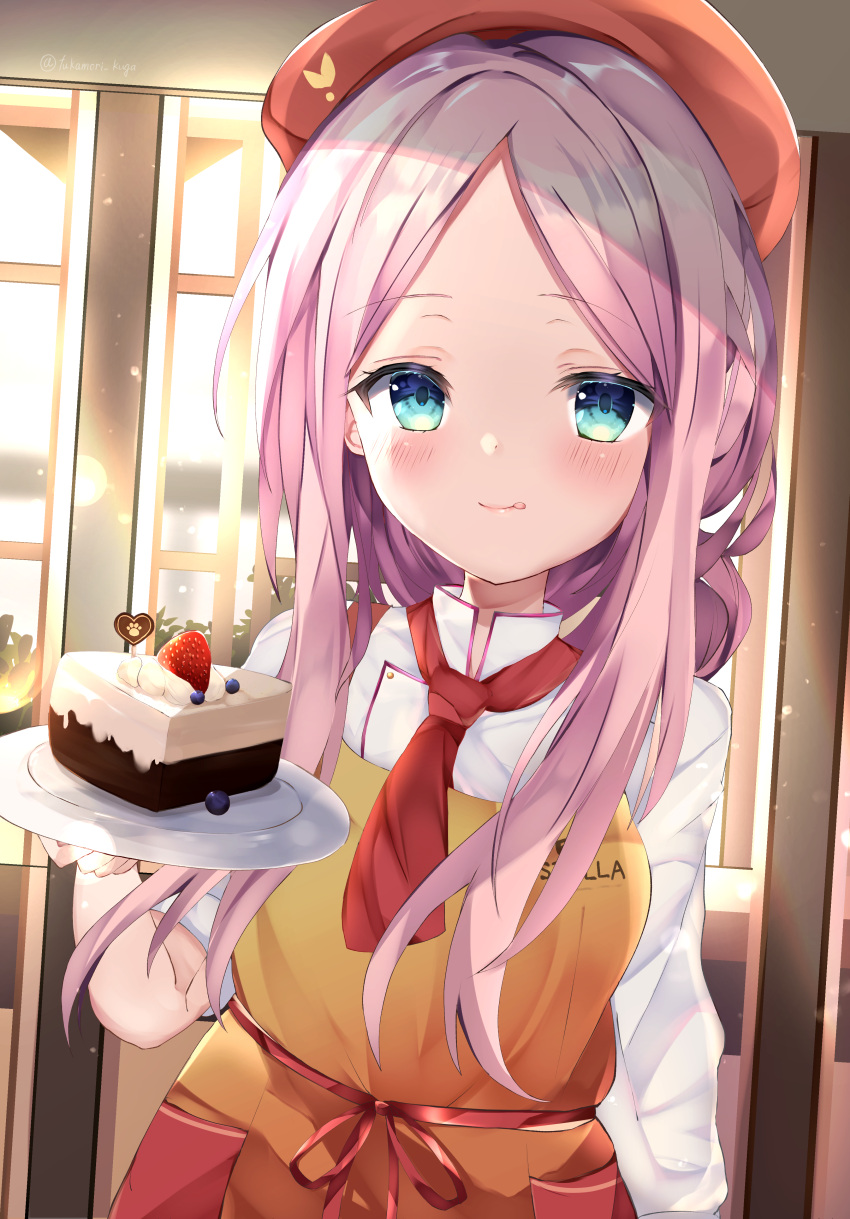 1girl absurdres apron aqua_eyes arm_at_side blueberry blush cafe_stella_to_shinigami_no_chou cake cake_slice closed_mouth collared_shirt colored_eyelashes commentary cowboy_shot day eyelashes food fruit hakugan hand_up heart highres holding holding_plate indoors licking_lips light_particles lips long_hair long_sleeves looking_at_viewer necktie orange_apron parted_bangs paw_print pink_hair plate red_hat red_necktie shioyama_suzune shirt smile solo straight_hair strawberry tongue tongue_out twitter_username white_shirt window