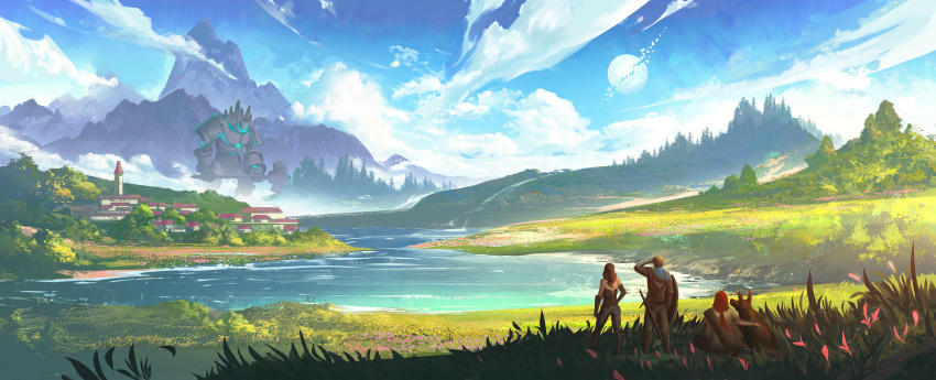 1boy 2girls blue_sky building clouds commentary day dog english_commentary fantasy field golem grass highres hill ilysia lake landscape mountain mountainous_horizon multiple_girls official_art outdoors photoshop_(medium) planet richardlay scenery sitting sky standing town very_wide_shot water