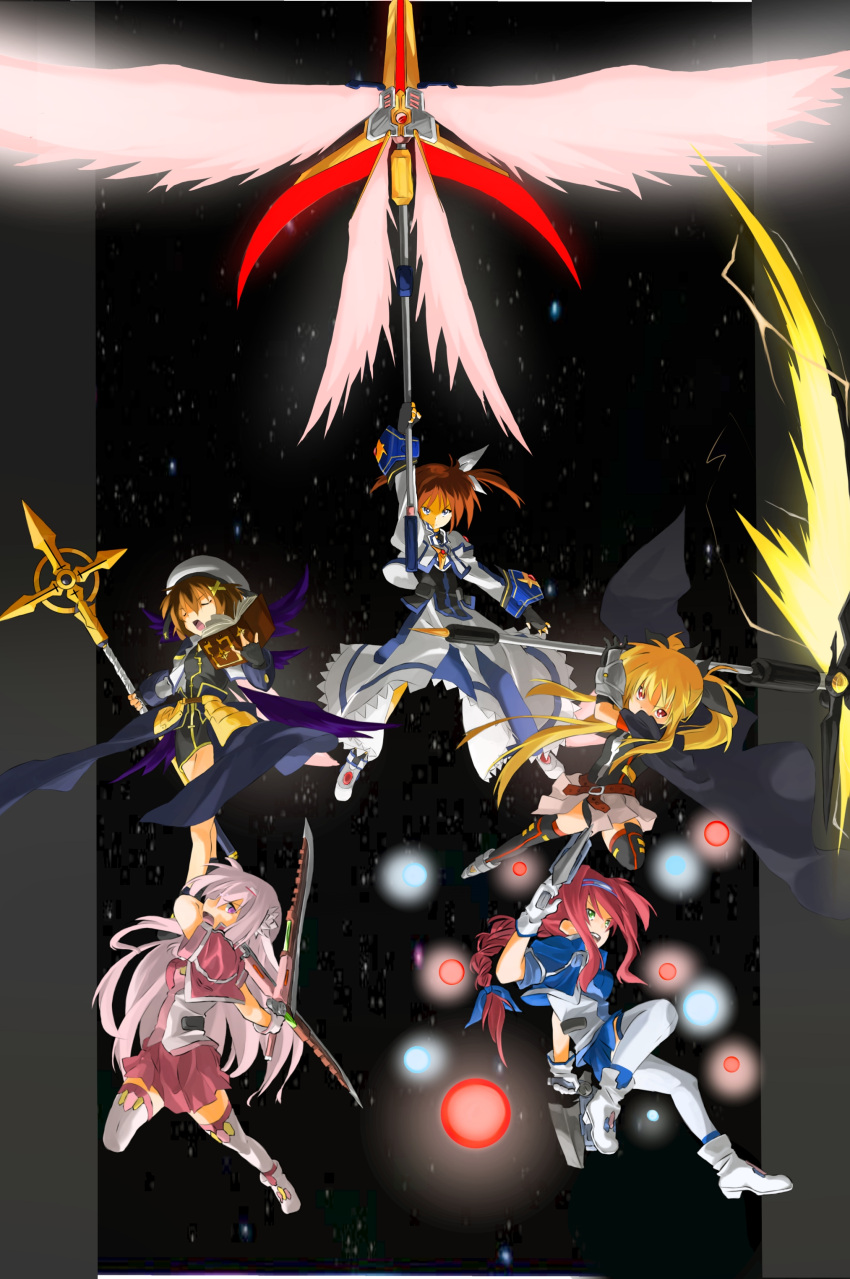 5girls absurdres amitie_florian bardiche_(nanoha) bardiche_(scythe_form)_(nanoha) black_background bygddd5 dual_wielding energy_ball energy_blade fate_testarossa fate_testarossa_(lightning_form)_(2nd) gun highres holding holding_gun holding_scythe holding_staff holding_sword holding_weapon kyrie_florian lyrical_nanoha mahou_shoujo_lyrical_nanoha mahou_shoujo_lyrical_nanoha_a's mahou_shoujo_lyrical_nanoha_a's_portable:_the_gears_of_destiny mahou_shoujo_lyrical_nanoha_the_movie_2nd_a's multiple_girls outside_border raising_heart raising_heart_(exelion_mode)_(2nd) schwertkreuz scythe serious staff sword takamachi_nanoha takamachi_nanoha_(exelion_mode) thigh-highs tome_of_the_night_sky twintails variant_zapper weapon wings yagami_hayate