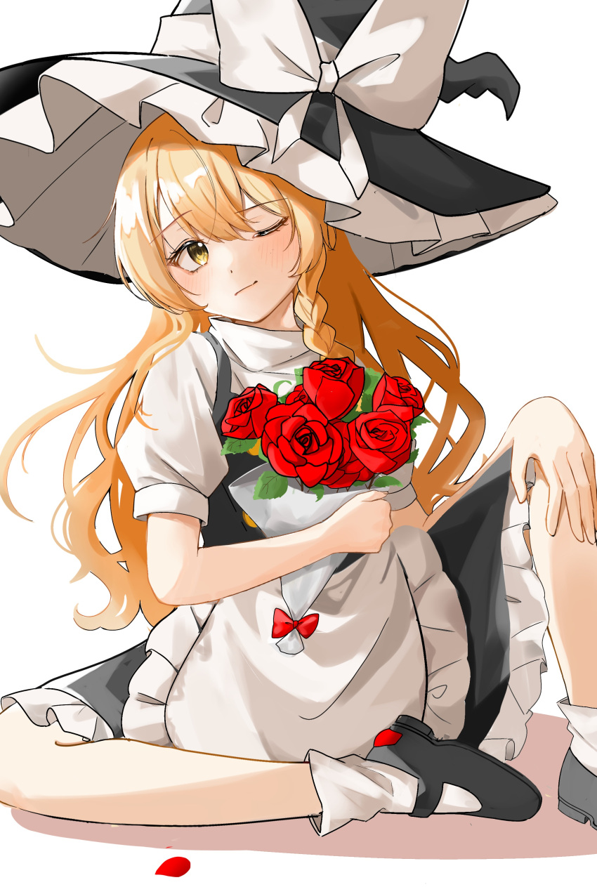 1girl absurdres apron black_footwear black_hat black_skirt blonde_hair blush bow braid closed_mouth commentary english_commentary flower frilled_apron frilled_hat frilled_skirt frills hat hat_bow highres kirisame_marisa knee_up long_hair looking_at_viewer mary_janes one_eye_closed puffy_sleeves red_flower red_rose reitaisai rose shirt shoes side_braid simple_background single_braid sitting skirt smile socks solo temmie_(temi_maru) touhou turtleneck very_long_hair waist_apron white_apron white_background white_bow white_shirt white_socks witch_hat yellow_eyes