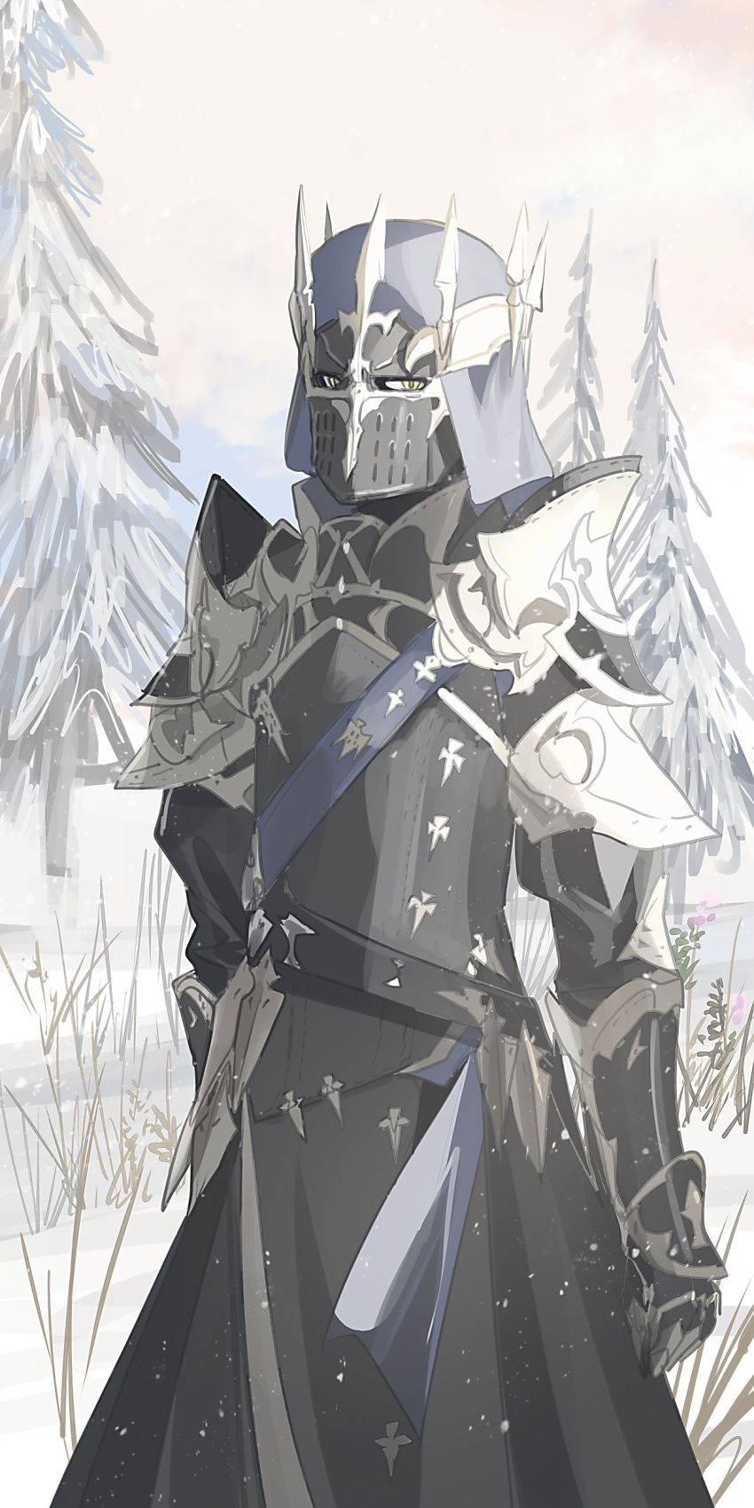 1other absurdres ambiguous_gender armor breastplate chihuri clouds cloudy_sky commentary_request final_fantasy final_fantasy_xiv fray_myste full_armor gauntlets helm helmet highres looking_at_viewer other_focus outdoors sky snow solo tree yellow_eyes