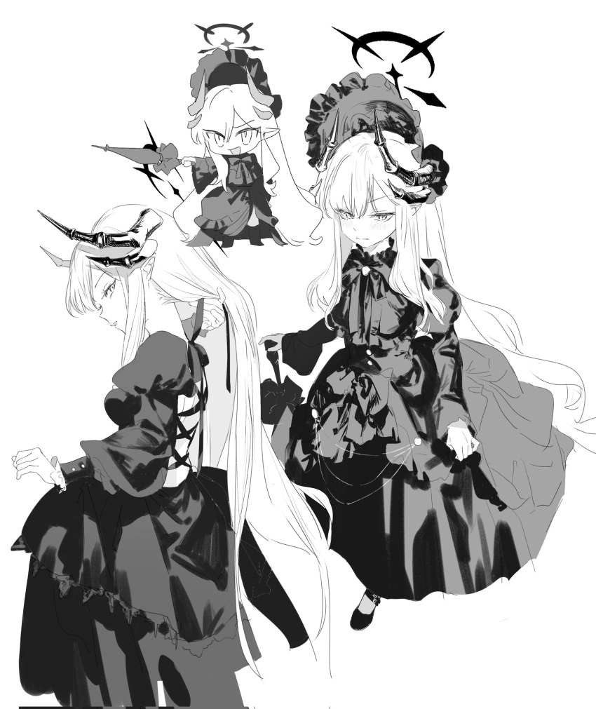 1girl alternate_costume black_dress black_halo black_horns black_umbrella blue_archive bonnet chibi demon_horns dress frilled_dress frilled_sleeves frills goth_fashion gothic_lolita greyscale hairband halo highres horns lolita_fashion lolita_hairband makoto_(blue_archive) monochrome multiple_horns sketch solo umbrella yu1619khz