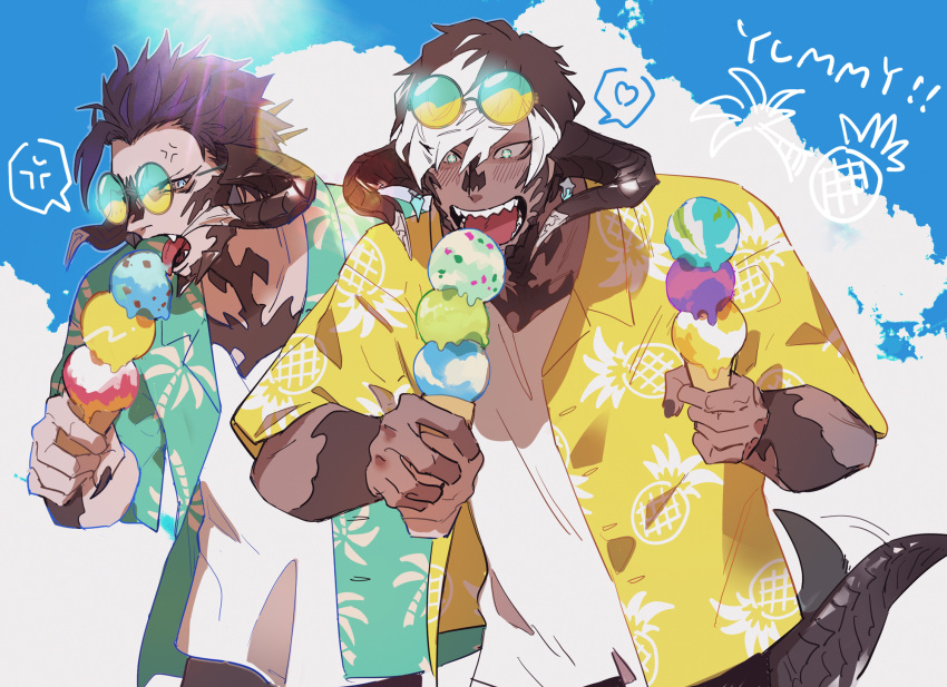 +_+ 2boys anger_vein au_ra black_horns black_nails blue_sky brown_hair clouds cloudy_sky commentary_request dark-skinned_male dark_skin earrings eating english_text eyewear_on_head fangs final_fantasy final_fantasy_xiv fingernails food food_theft green-tinted_eyewear green_eyes green_shirt hand_grab hands_up hawaiian_shirt highres holding holding_food holding_ice_cream horns ice_cream ice_cream_cone jewelry karuo_(oooruka_cr) licking looking_at_food low_horns male_focus multicolored_hair multiple_boys open_mouth purple_hair round_eyewear sharp_fingernails sharp_teeth shirt short_hair sky speech_bubble spoken_anger_vein streaked_hair sunglasses tail tail_wagging teeth tinted_eyewear tongue tongue_out triple_scoop two-tone_hair upper_body warrior_of_light_(ff14) white_hair white_shirt yellow-tinted_eyewear yellow_shirt