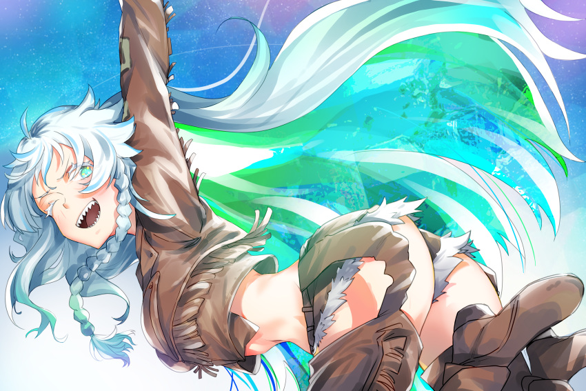 1girl ;d absurdres ass braid breasts colored_inner_hair crystal_hair detached_pants fate/grand_order fate_(series) flying fringe_trim green_eyes green_hair highres jacket kukulkan_(fate) kukulkan_(first_ascension)_(fate) large_breasts light_blush long_hair midriff multicolored_hair navel one_eye_closed open_mouth sharp_teeth shorts side_braid smile solo teeth waving yt_(63641217)