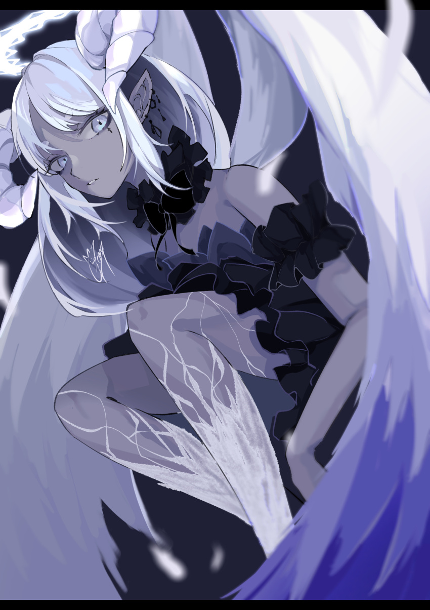 1girl absurdres bare_legs bare_shoulders earrings feathered_wings frills goma_irasuto highres horns jewelry long_hair looking_at_viewer original parted_lips pointy_ears signature very_long_hair white_hair wings