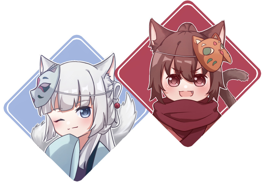 2girls :d ;) animal_ear_fluff animal_ears bai_yuxiu blue_eyes blush brown_eyes brown_hair cat_ears cat_girl cat_tail chibi closed_mouth fang feng_ling'er fengling_yuxiu fox_ears fox_girl fox_mask fox_tail grey_hair hair_ornament long_hair looking_at_viewer mask mask_on_head multiple_girls one_eye_closed open_mouth red_scarf scarf shane-f sleeves_past_fingers sleeves_past_wrists smile tail white_hair