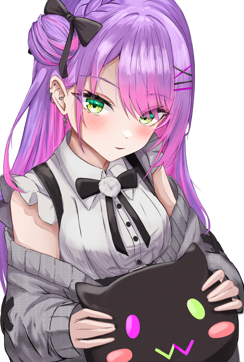1girl absurdres bibi_(tokoyami_towa) black_bow black_bowtie black_skirt blush bow bowtie breasts cardigan collared_shirt ear_piercing earrings frilled_shirt frills gradient_hair green_eyes grey_cardigan hair_bow hair_bun hair_ornament high-waist_skirt highres hololive jewelry jirai_kei long_hair long_sleeves looking_at_viewer medium_breasts multicolored_hair official_alternate_costume open_cardigan open_clothes parted_lips piercing pink_hair pom_pom_(clothes) purple_hair shiemika324 shirt simple_background single_hair_bun skirt sleeves_past_wrists suspender_skirt suspenders tokoyami_towa tokoyami_towa_(jirai_kei) upper_body virtual_youtuber white_background white_shirt