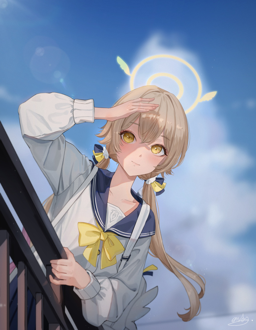 1girl absurdres aendi_en_d_endei blue_archive blue_sky blush clouds commentary_request from_below hair_between_eyes halo hand_on_railing hifumi_(blue_archive) highres lens_flare light_smile long_hair long_sleeves low_twintails ribbon sailor_collar school_uniform signature skirt sky smile solo twintails upper_body yellow_eyes yellow_ribbon