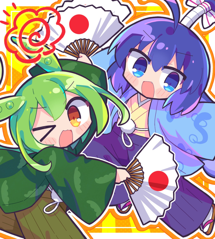 &gt;_o 2girls :3 ahoge alternate_costume animal_print arm_up blue_eyes blush border commentary_request dual_wielding fang food_print green_hair green_hakama hakama hakama_pants hand_fan haori highres holding holding_fan japanese_clothes kimono long_hair long_sleeves looking_at_viewer looking_to_the_side multiple_girls one_eye_closed open_mouth orange_background orange_outline otomachi_una outside_border outstretched_arms pants paper_fan print_haori purple_hair purple_hakama richard_(richaball) sandals smile socks spread_arms sunburst sunburst_background topknot vocaloid voicevox white_border white_socks wide_sleeves yellow_kimono zouri zundamon