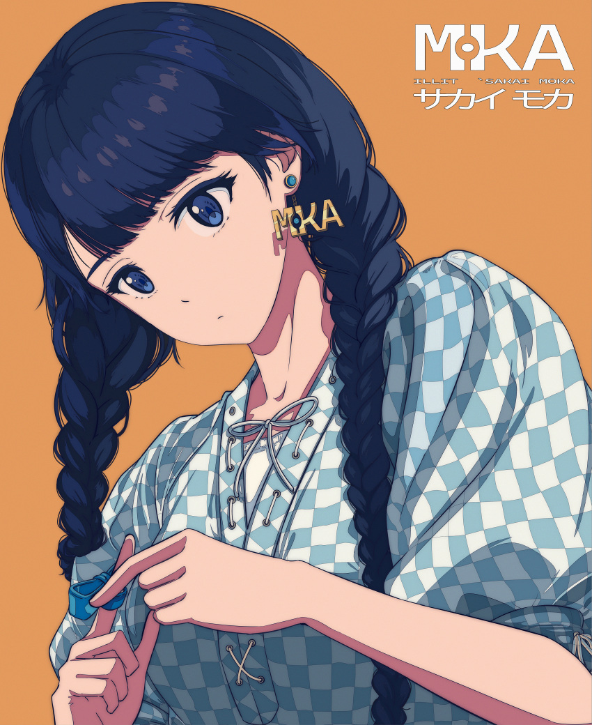 1girl absurdres animification blue_dress blue_eyes blue_hair braid breasts character_name checkered_clothes checkered_dress dress earrings expressionless highres illit jewelry k-pop looking_at_viewer medium_breasts moka_(illit) orange_background real_life solo twin_braids vndafa