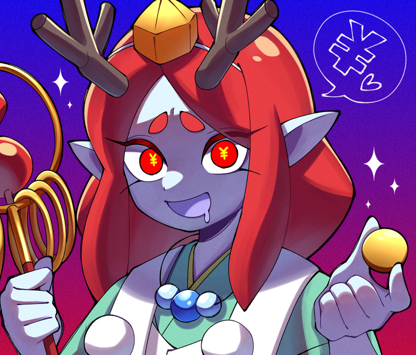 antlers character_request colored_skin drooling gradient_background hat heart highres holding horns looking_at_viewer open_mouth pipiko. pointy_ears purple_skin red_eyes redhead solo speech_bubble tengu tokin_hat yen_sign youkai_watch