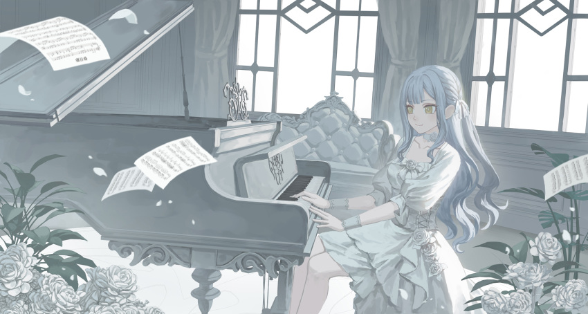 1girl bang_dream! bang_dream!_it's_mygo!!!!! blue_hair chinese_commentary choker closed_mouth collarbone commentary_request couch curtains dress flower grand_piano highres indoors instrument long_hair music papers piano playing_instrument playing_piano rose sheet_music sitting smile solo togawa_sakiko white_choker white_dress white_flower white_rose window xukong yellow_eyes
