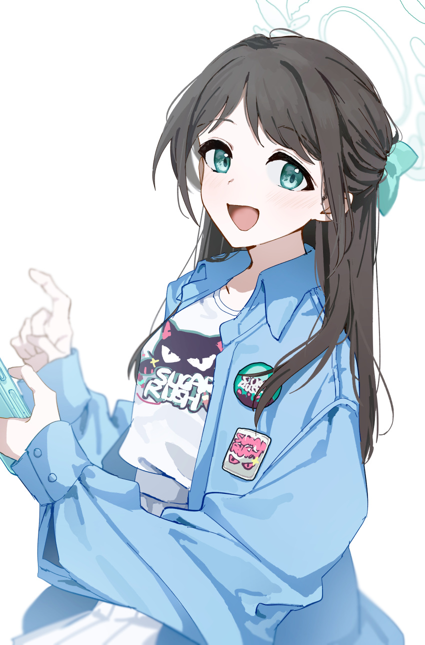 1girl absurdres airi_(band)_(blue_archive) airi_(blue_archive) black_hair blue_archive blue_jacket blush dantyou2525 green_eyes green_halo halo highres jacket long_hair long_sleeves looking_at_viewer official_alternate_costume open_clothes open_jacket open_mouth pleated_skirt shirt simple_background skirt smile solo white_background white_shirt white_skirt