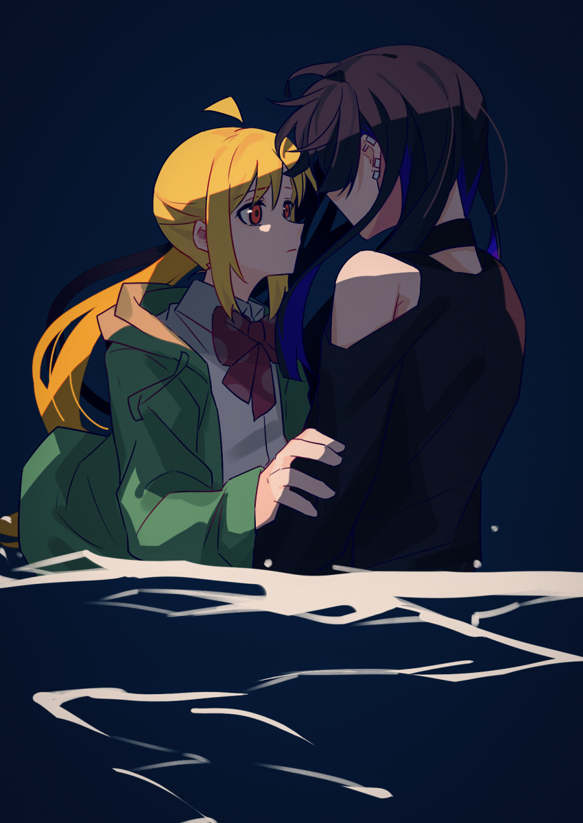 2girls ahoge black_choker black_hair blonde_hair bocchi_the_rock! bow bowtie choker collared_shirt commentary_request earclip green_jacket hand_on_another's_arm highres ijichi_nijika jacket long_hair looking_at_another multiple_girls night outdoors pa-san partially_submerged red_bow red_bowtie red_eyes school_uniform shadow shimokitazawa_high_school_uniform shirt side_ponytail single_bare_shoulder single_off_shoulder upper_body water white_shirt xmyishipi