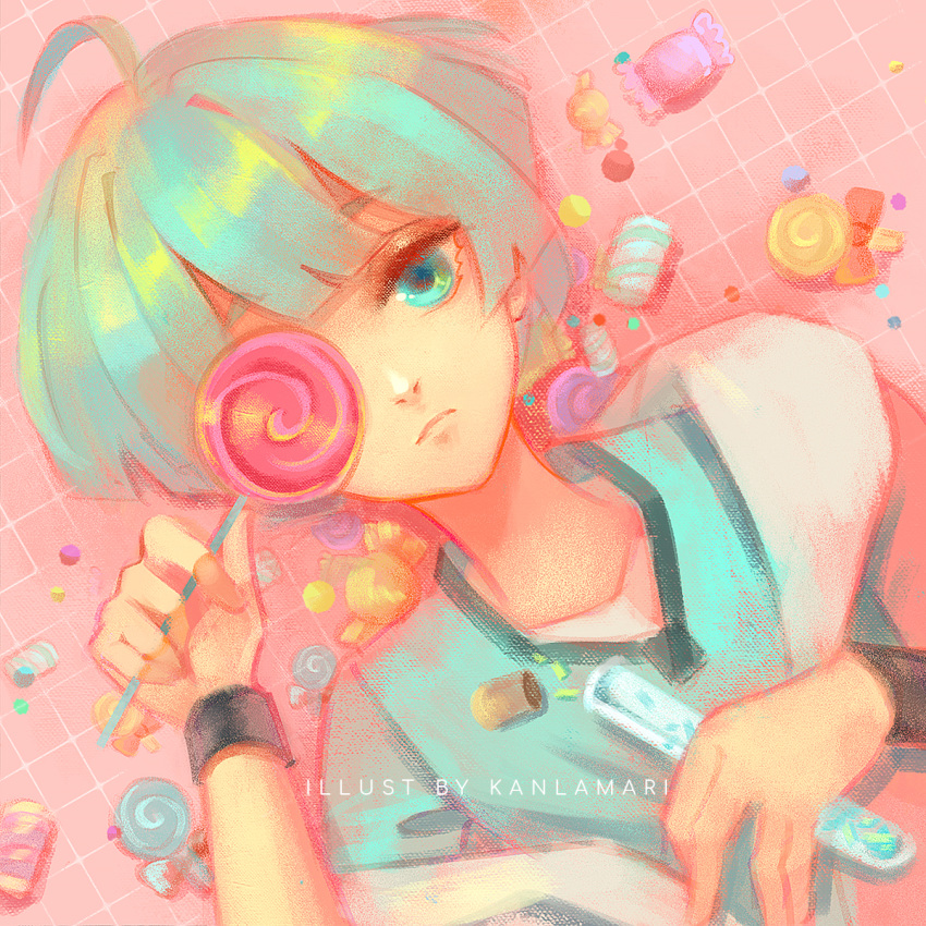 1boy ahoge artist_name black_wrist_cuffs blue_eyes blue_hair blue_shirt blue_sleeves blunt_bangs candy closed_mouth cork covering_one_eye double-parted_bangs english_text food highres holding holding_candy holding_food holding_lollipop holding_test_tube kanlamari layered_sleeves light_frown lips lollipop looking_at_viewer lying male_focus on_back original pink_background shirt short_hair short_sleeves solo sprinkles swirl_lollipop test_tube tile_floor tiles upper_body watermark white_undershirt wrist_cuffs