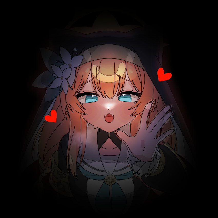 1girl absurdres animal_ear_headwear armband black_background blue_archive blue_eyes blue_neckerchief coif fangs fingernails flower halo hand_up heart highres horuhara long_fingernails long_hair long_sleeves mari_(blue_archive) neckerchief open_mouth orange_hair simple_background skin_fangs solo waving white_flower yellow_armband yellow_halo