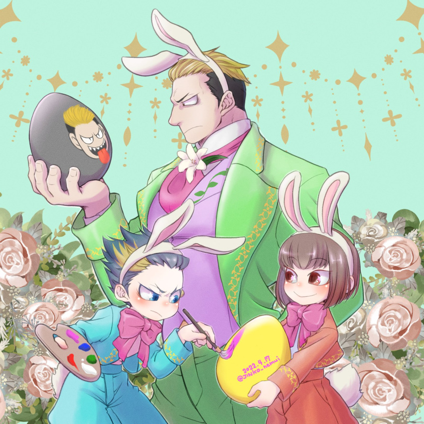 3boys animal_ears blue_hair blue_suit bow bowl_cut bowtie brown_hair easter easter_egg egg fatal_fury flower green_suit highres holding jin_chonrei jin_chonshu jinko_nemui multicolored_hair multiple_boys painting_(action) rabbit_ears rabbit_tail red_suit streaked_hair suit tail yamazaki_ryuuji