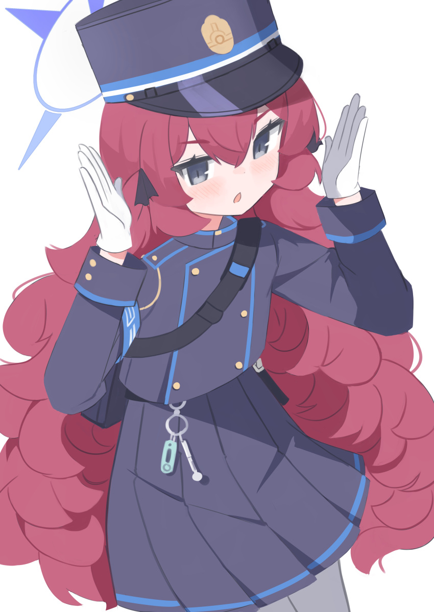 1girl absurdres anma21 armband black_skirt blue_archive blue_armband blue_halo blush cowboy_shot gloves grey_eyes hair_between_eyes halo hands_up hat highres iroha_(blue_archive) jacket keyring long_hair military_hat military_jacket military_uniform open_mouth peaked_cap redhead simple_background skirt solo standing uniform very_long_hair wavy_hair white_background white_gloves